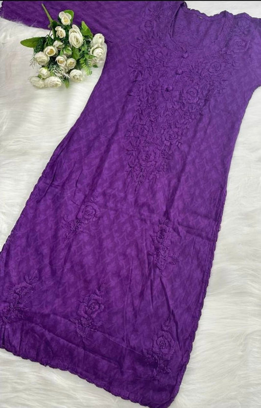 Raha Gulab design Chikankari Handwork jacquard cotton long straight kurtis