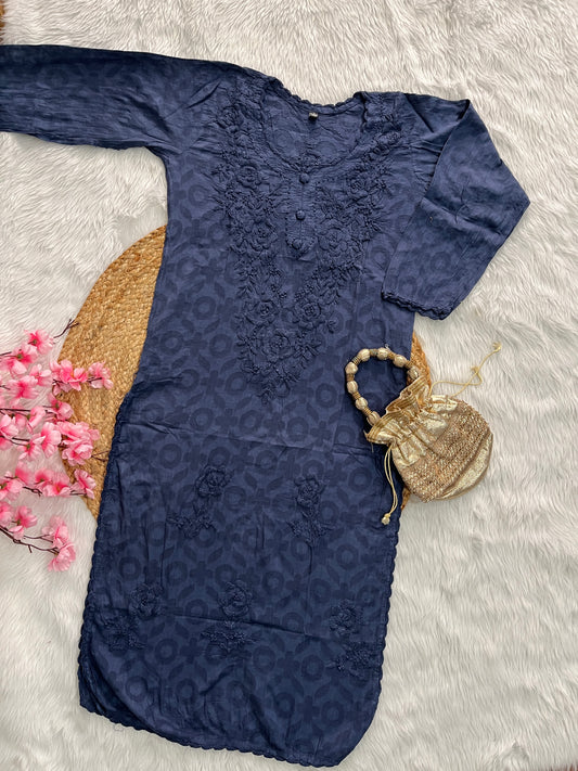 Raha gulab design Chikankari Handwork jacquard cotton long straight kurtis