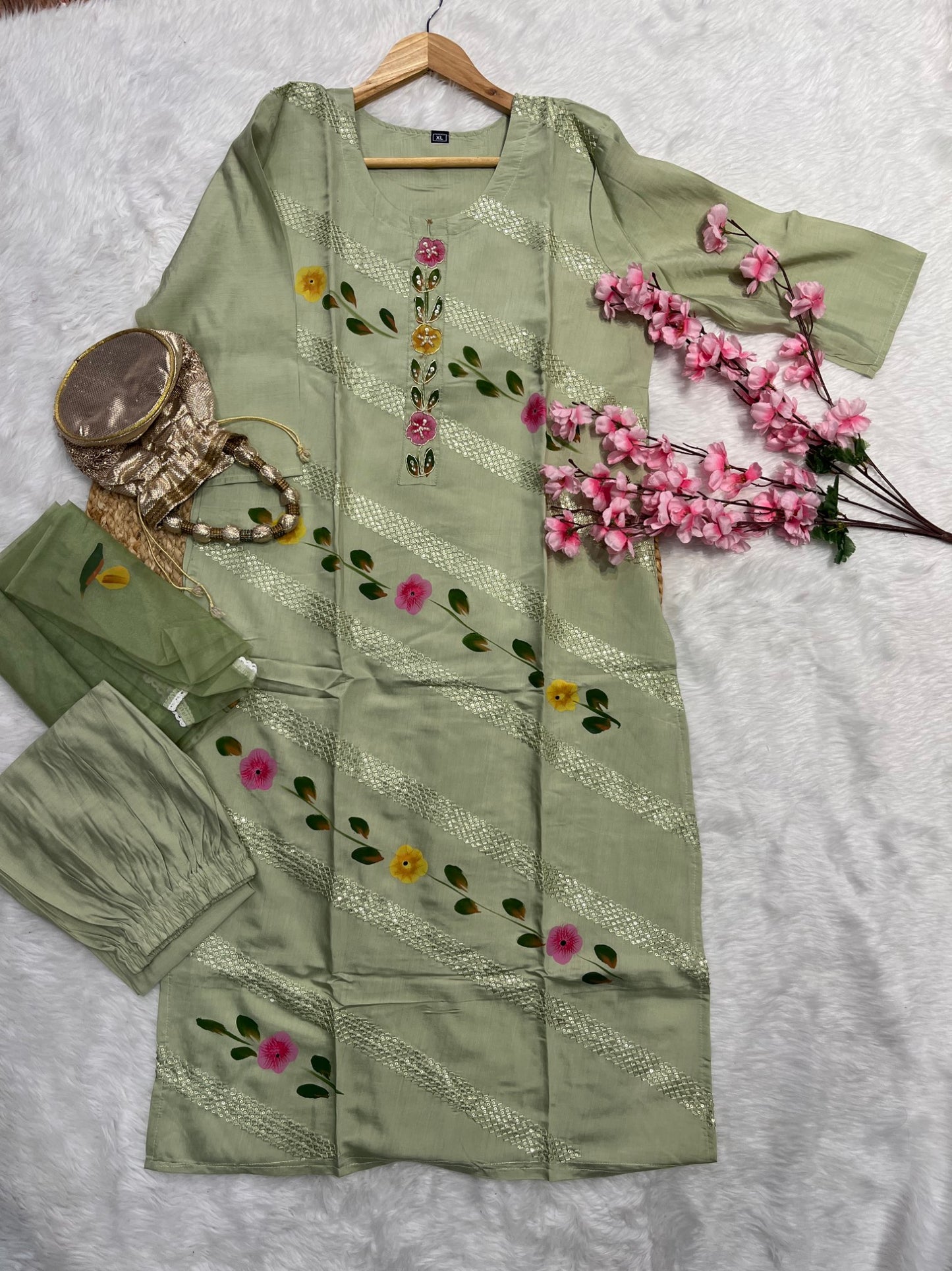 Chanderi kurta pant dupatta set