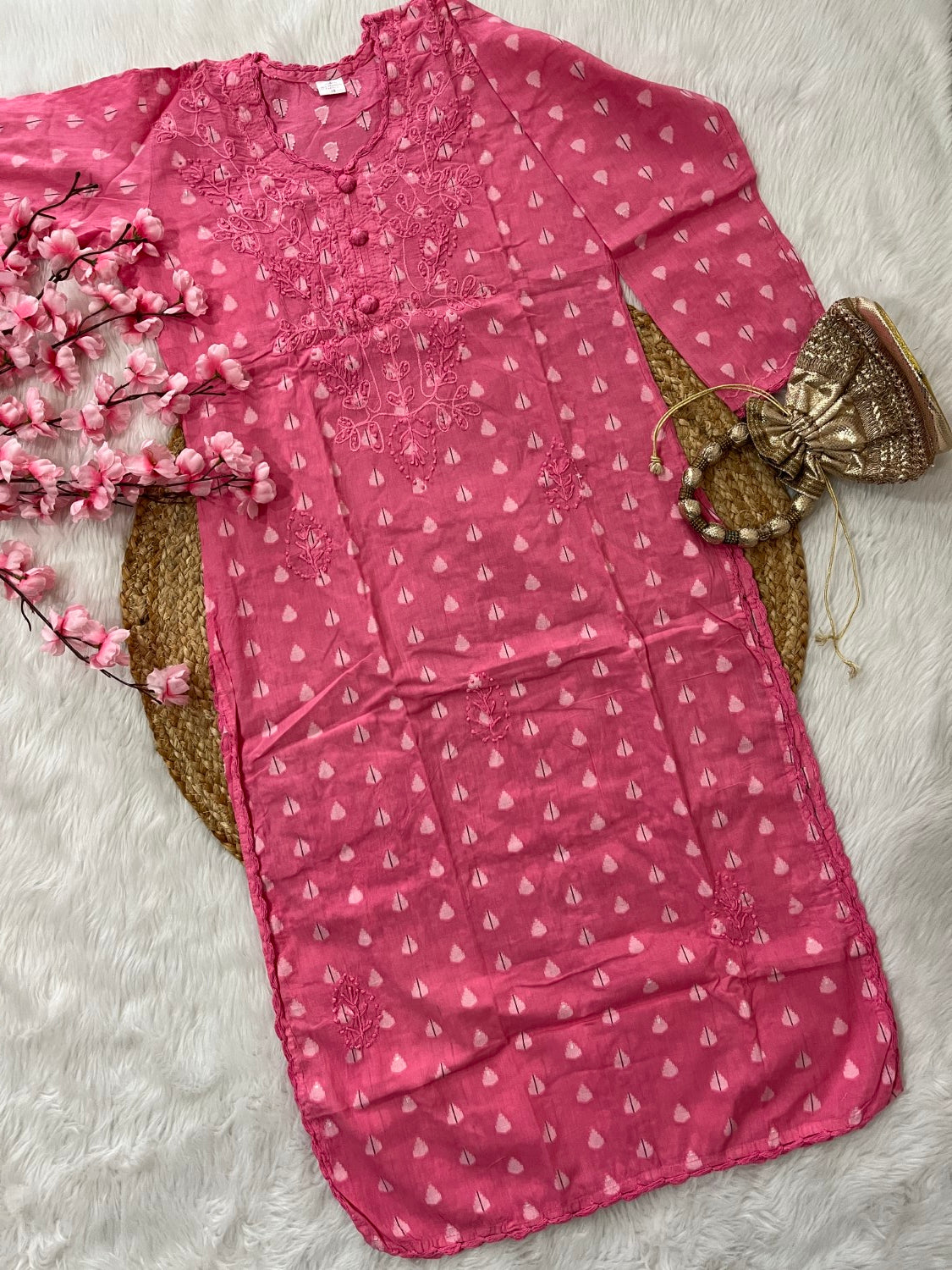 Gul Applique Chikankari Handwork Dobby cotton long straight kurtis--