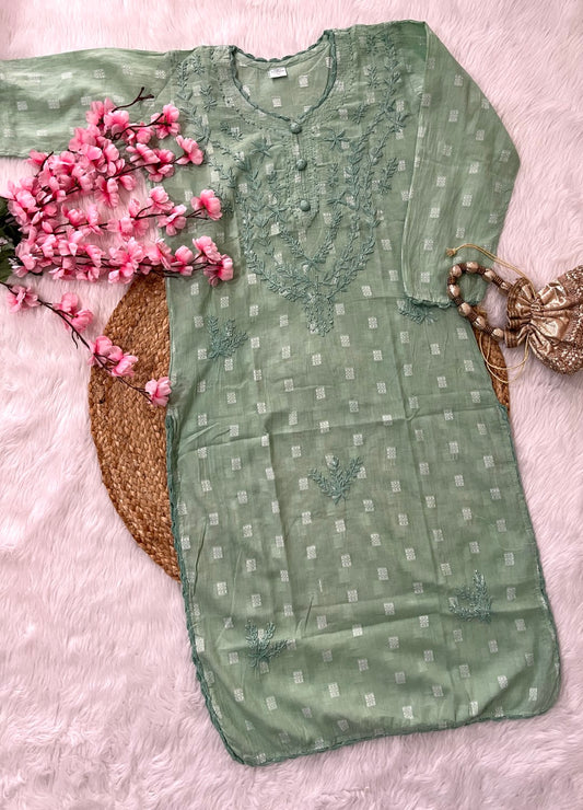Gul Chikankari Handwork Dobby cotton long straight kurtis