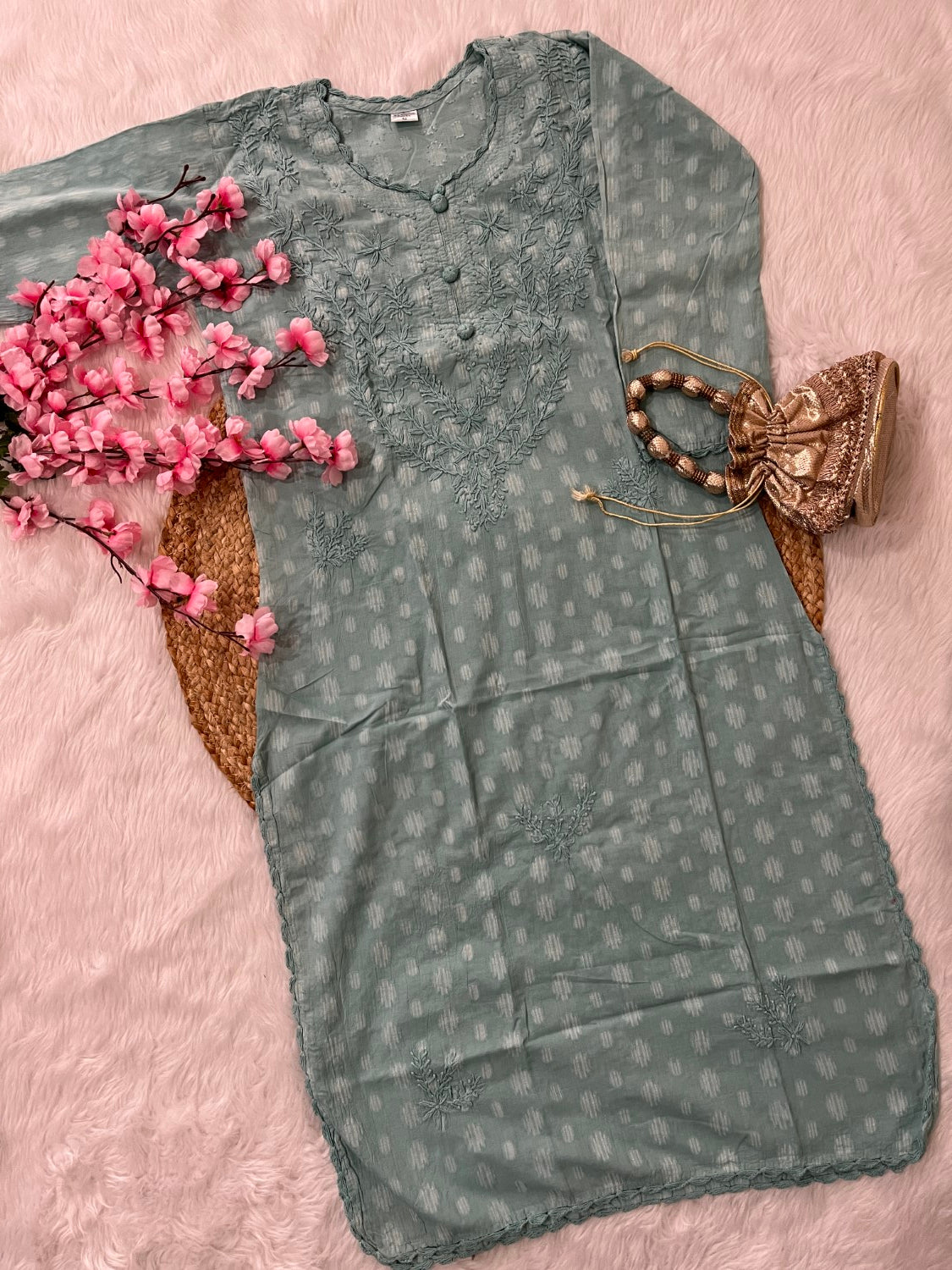 Gul Applique Chikankari Handwork Dobby cotton long straight kurtis--