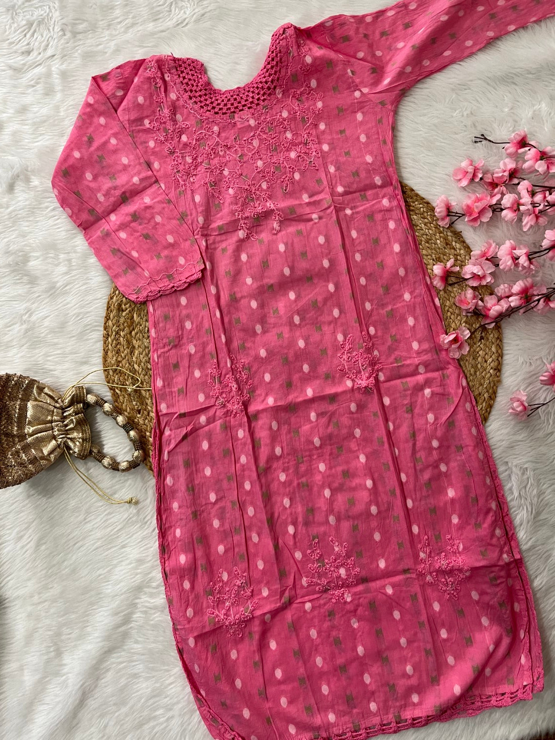 Roohani Applique Chikankari Handwork Neck Qureshia cotton long straight kurtis--