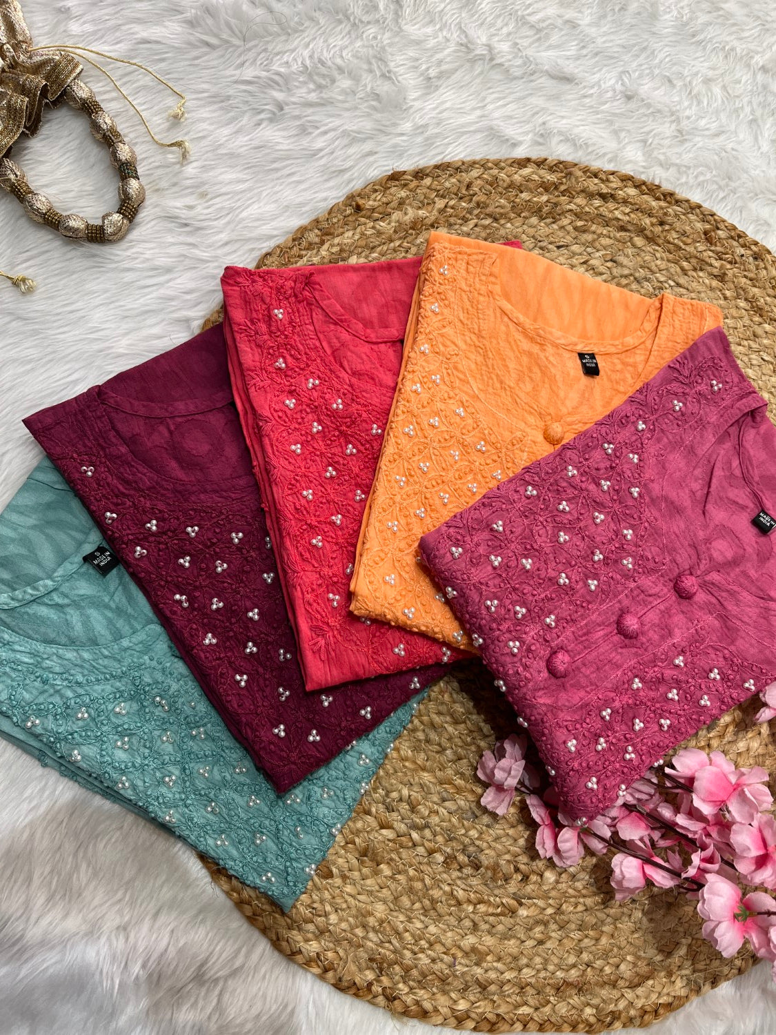 Rooh Applique Chikankari Handwork 3 pearl jacquard cotton long straight kurtis--