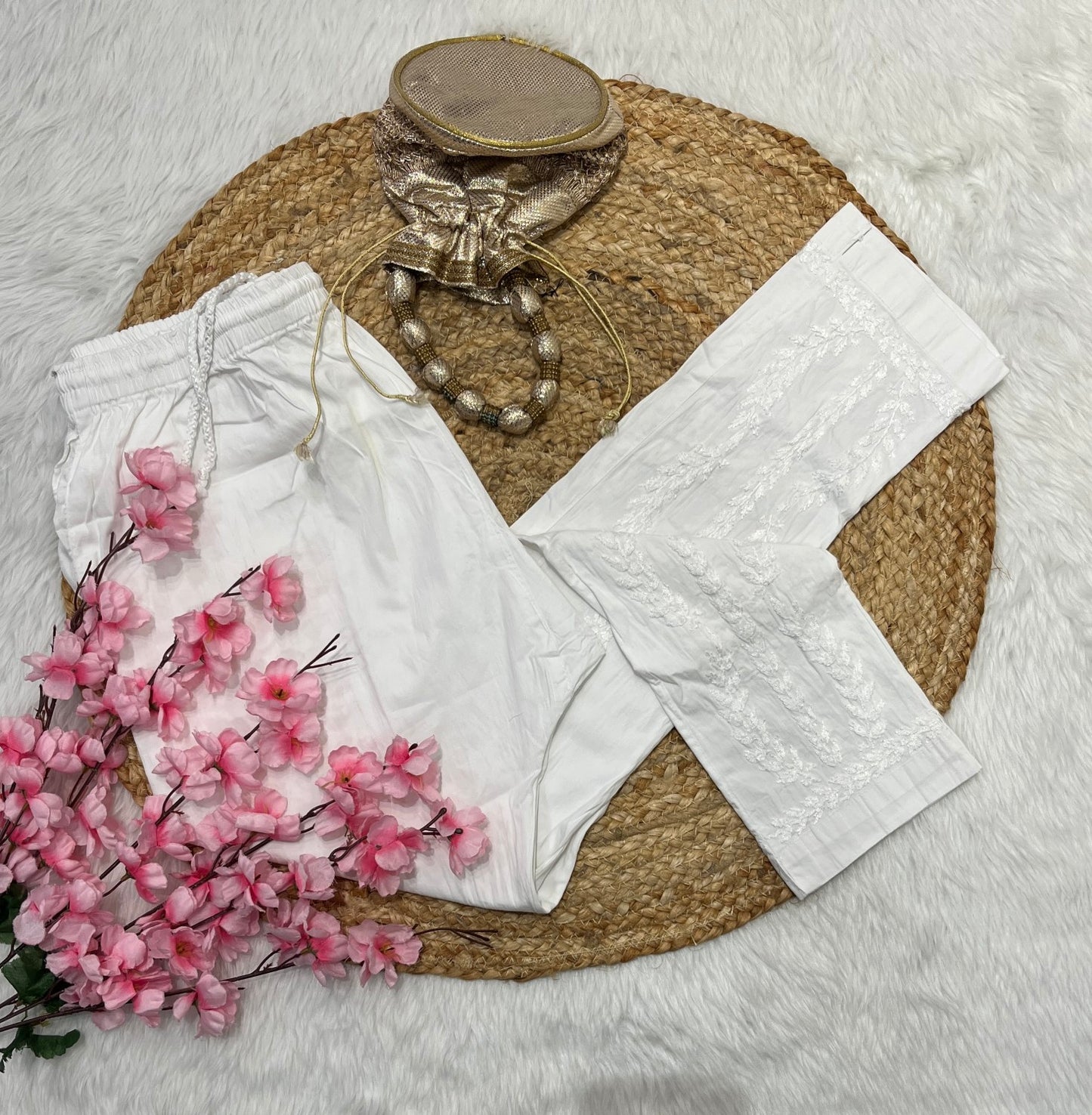 Rooh Chikankari White Cotton Patti Design Stretchable Pants