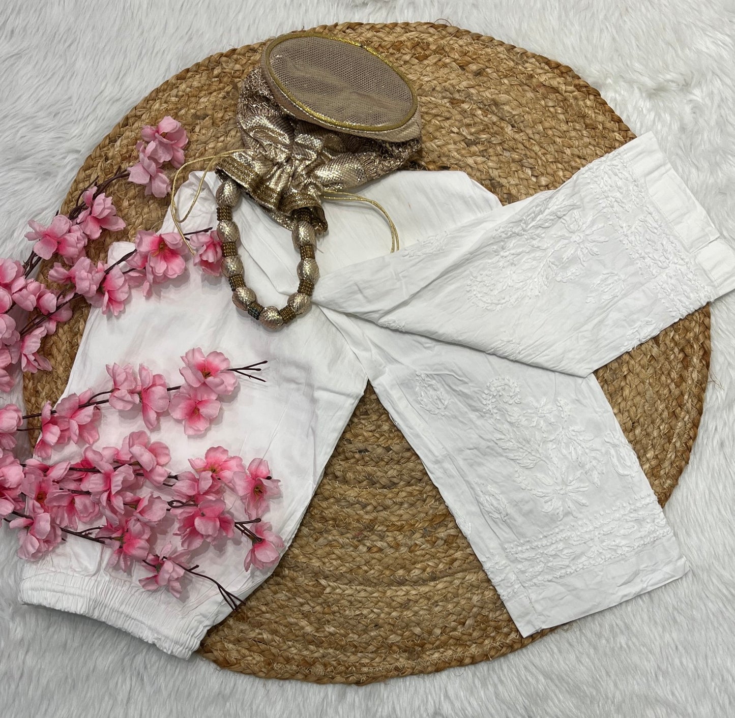 Aaira Chikankari White Cotton Booty Design Stretchable Pants