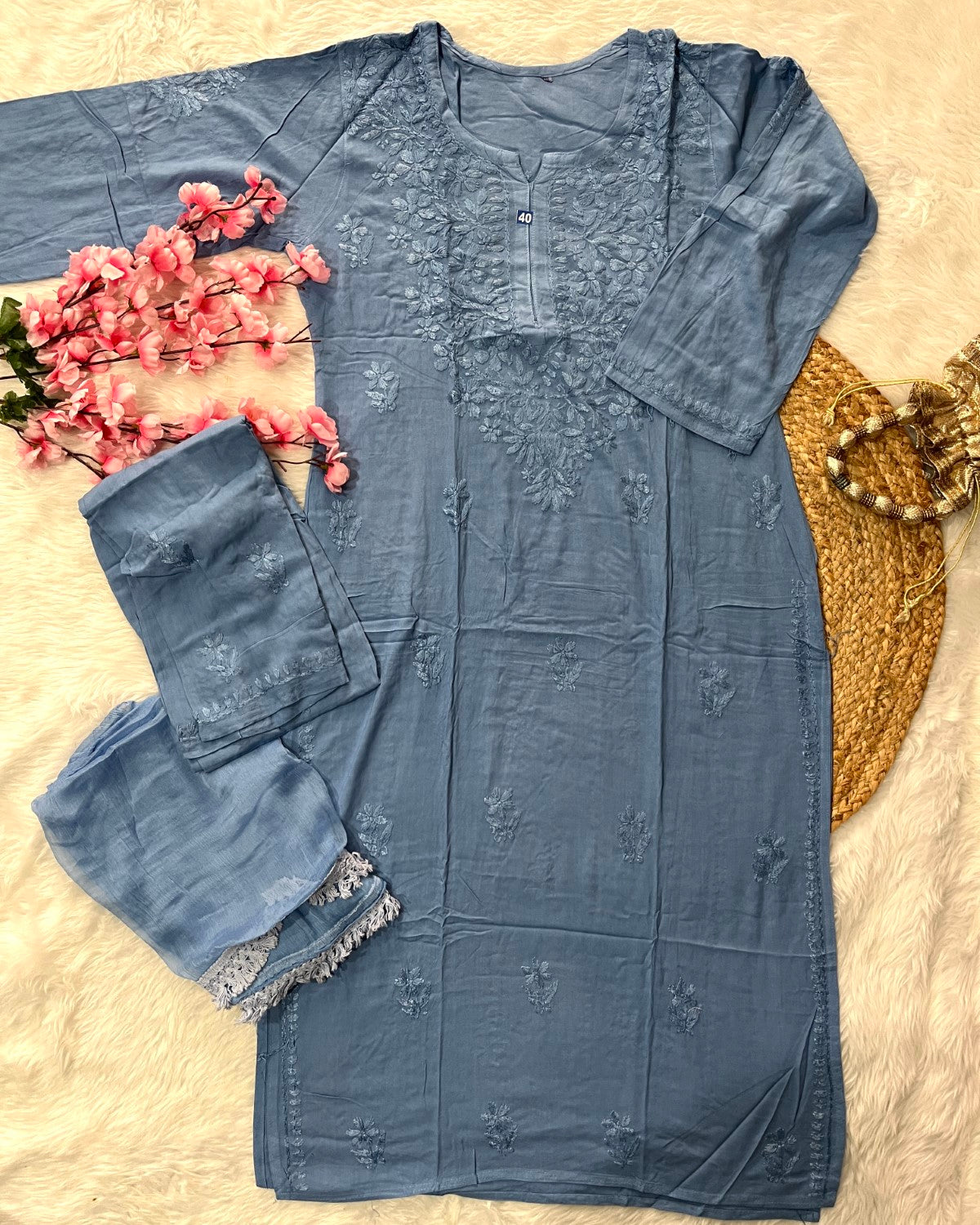 Baahi Rayon Kurta Palazo Dupatta Self 3 Piece Set