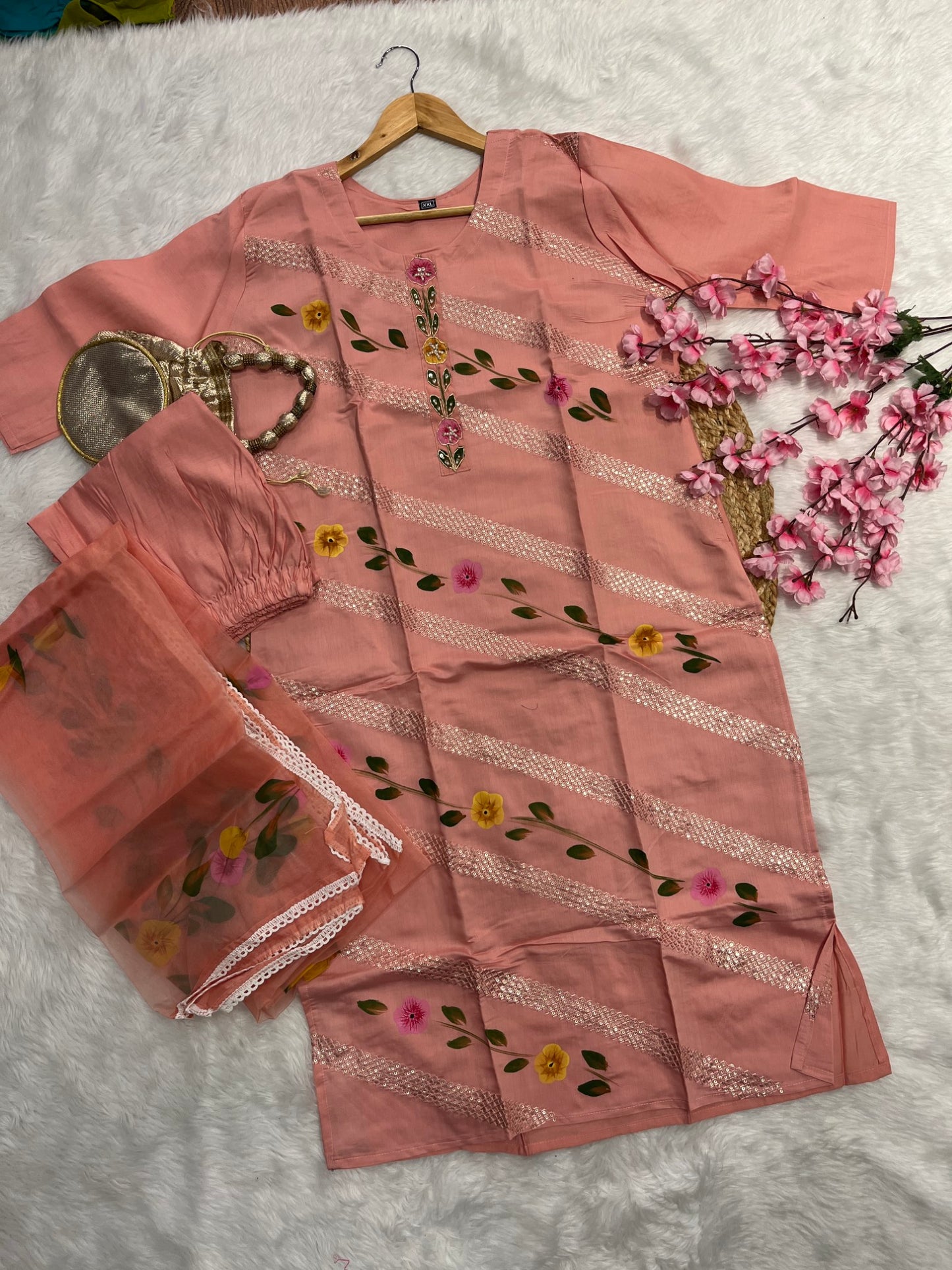 Chanderi kurta pant dupatta set