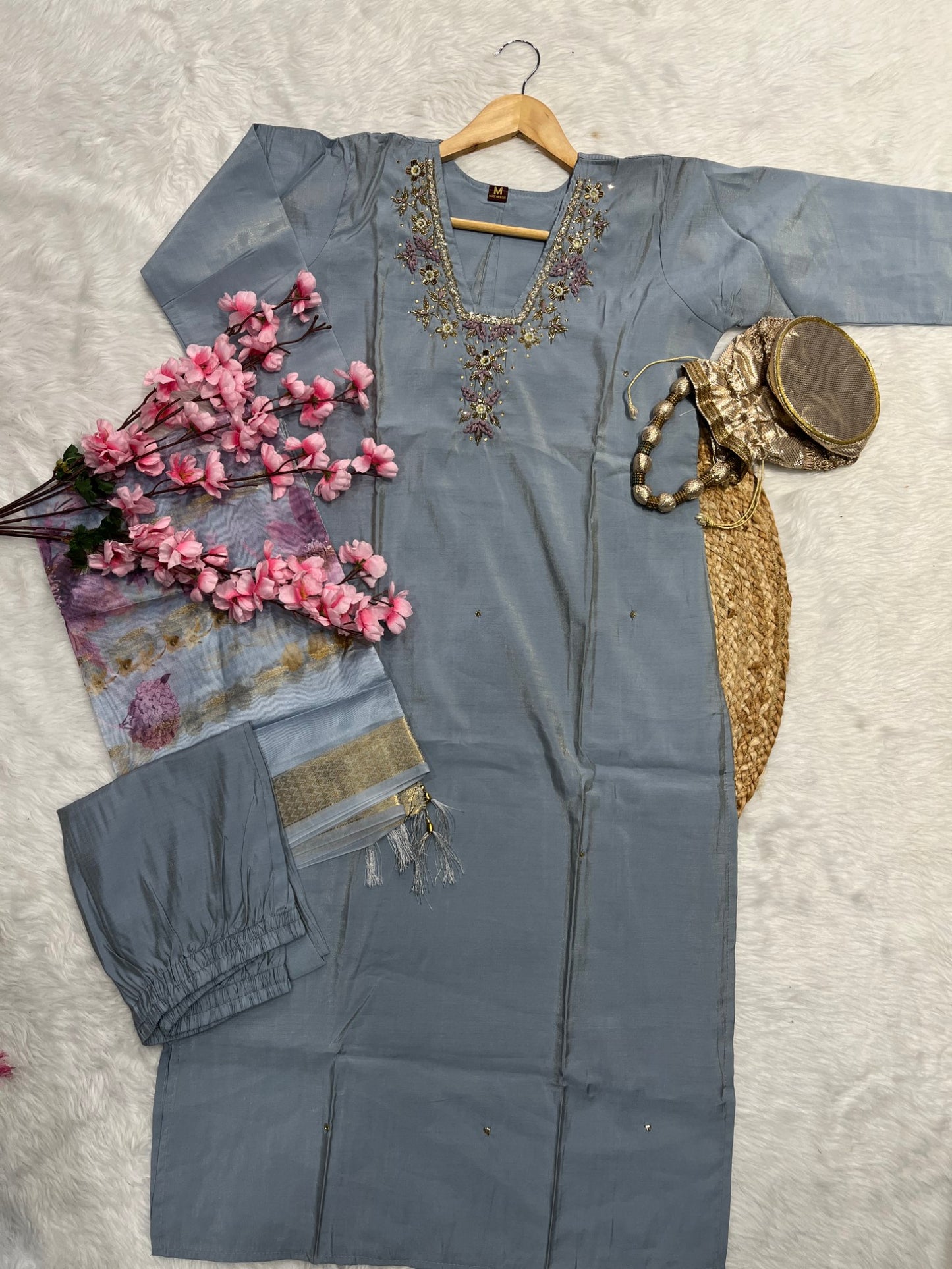 Chanderi kurta pant dupatta set