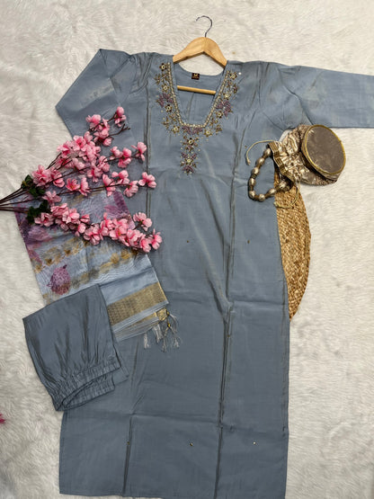 Chanderi kurta pant dupatta set