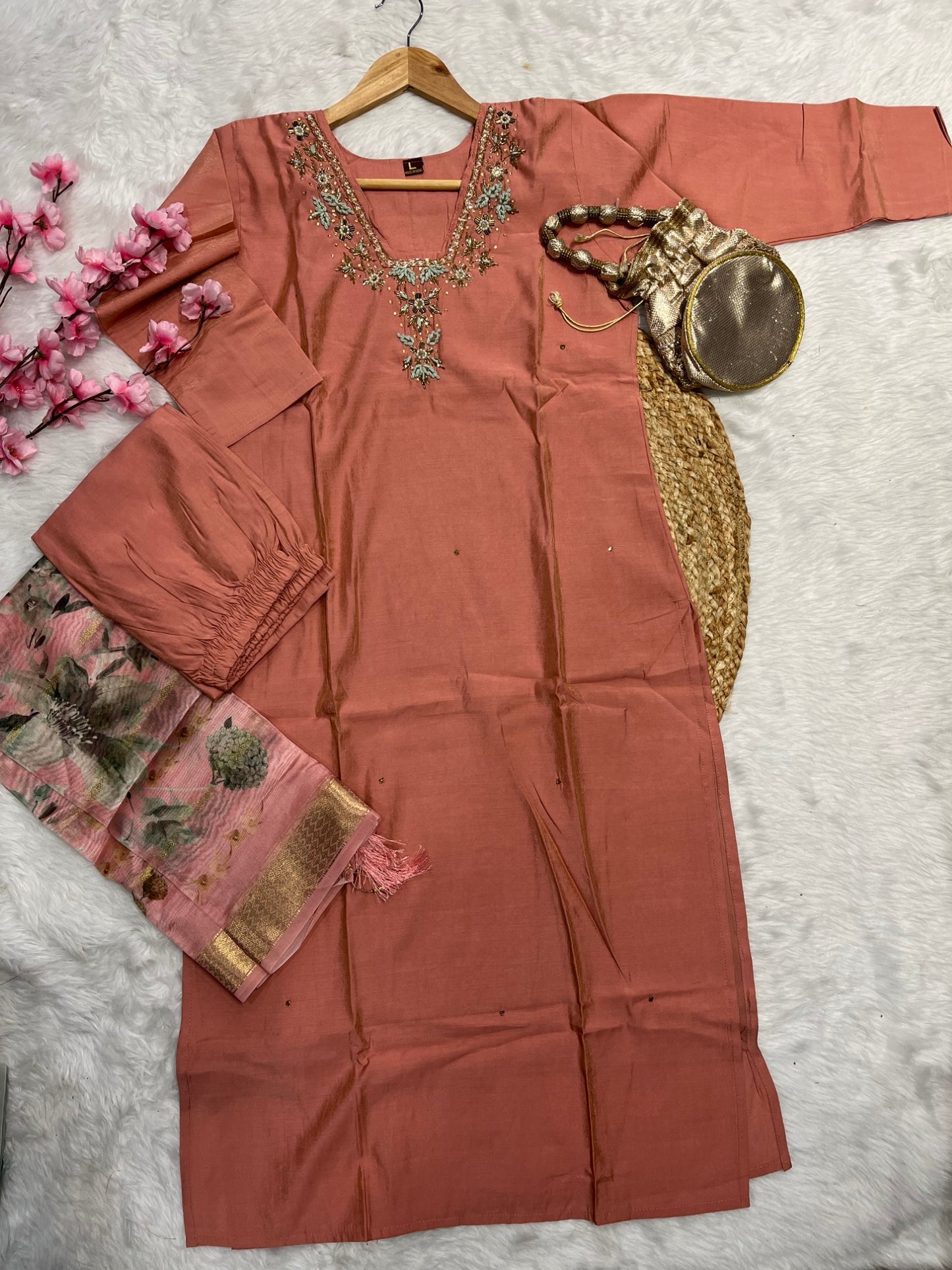 Chanderi kurta pant dupatta set