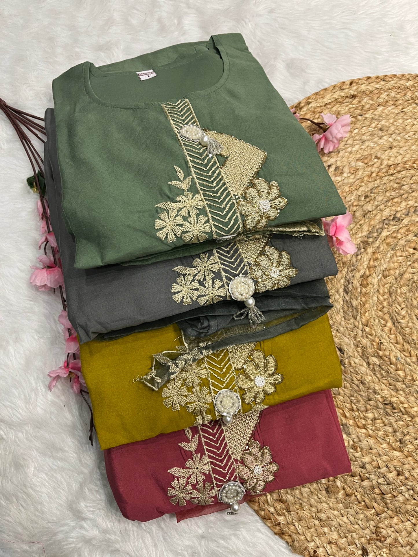Chanderi kurta pant dupatta set