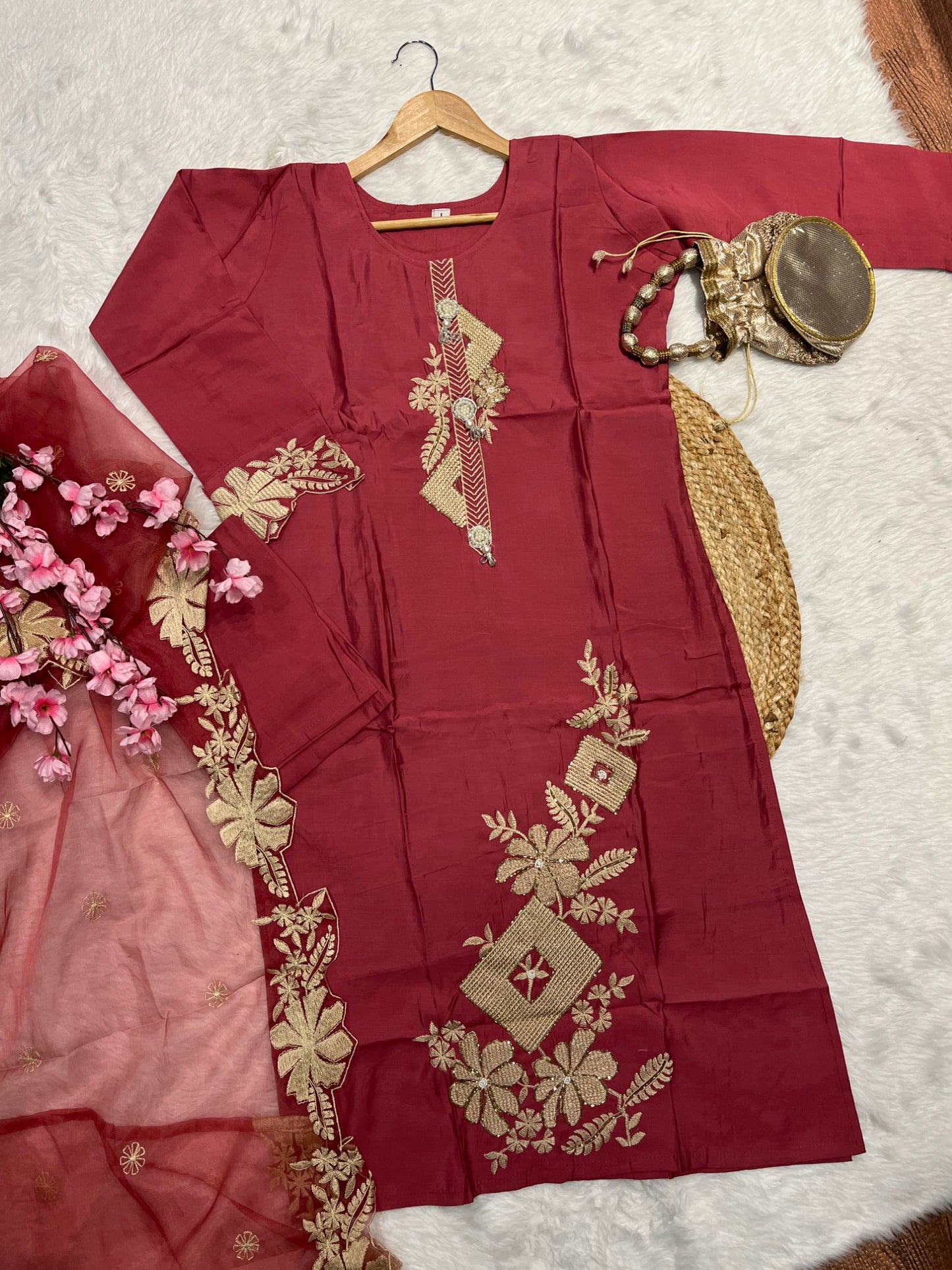 Chanderi kurta pant dupatta set