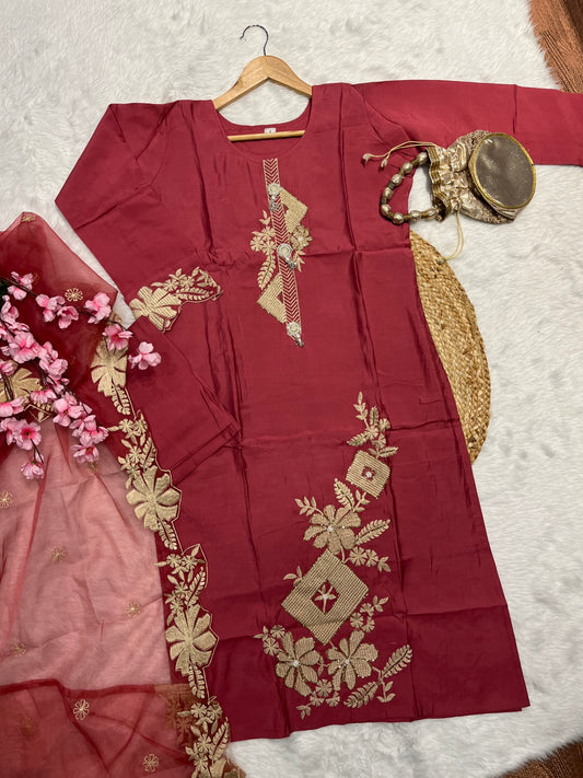 Chanderi kurta pant dupatta set