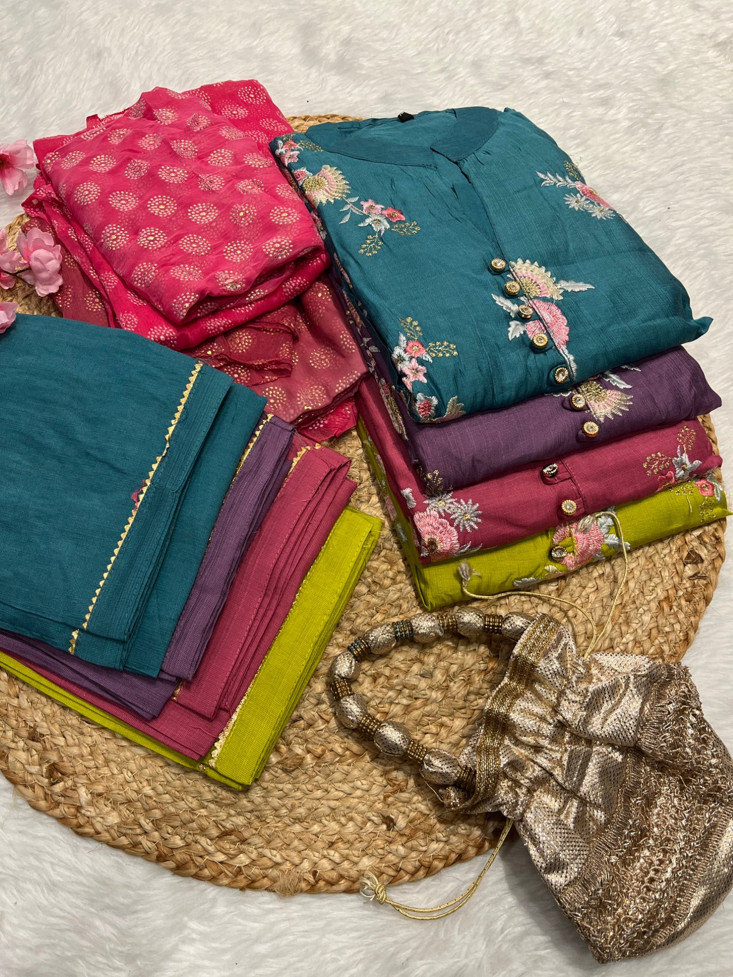 Chanderi kurta pant dupatta set