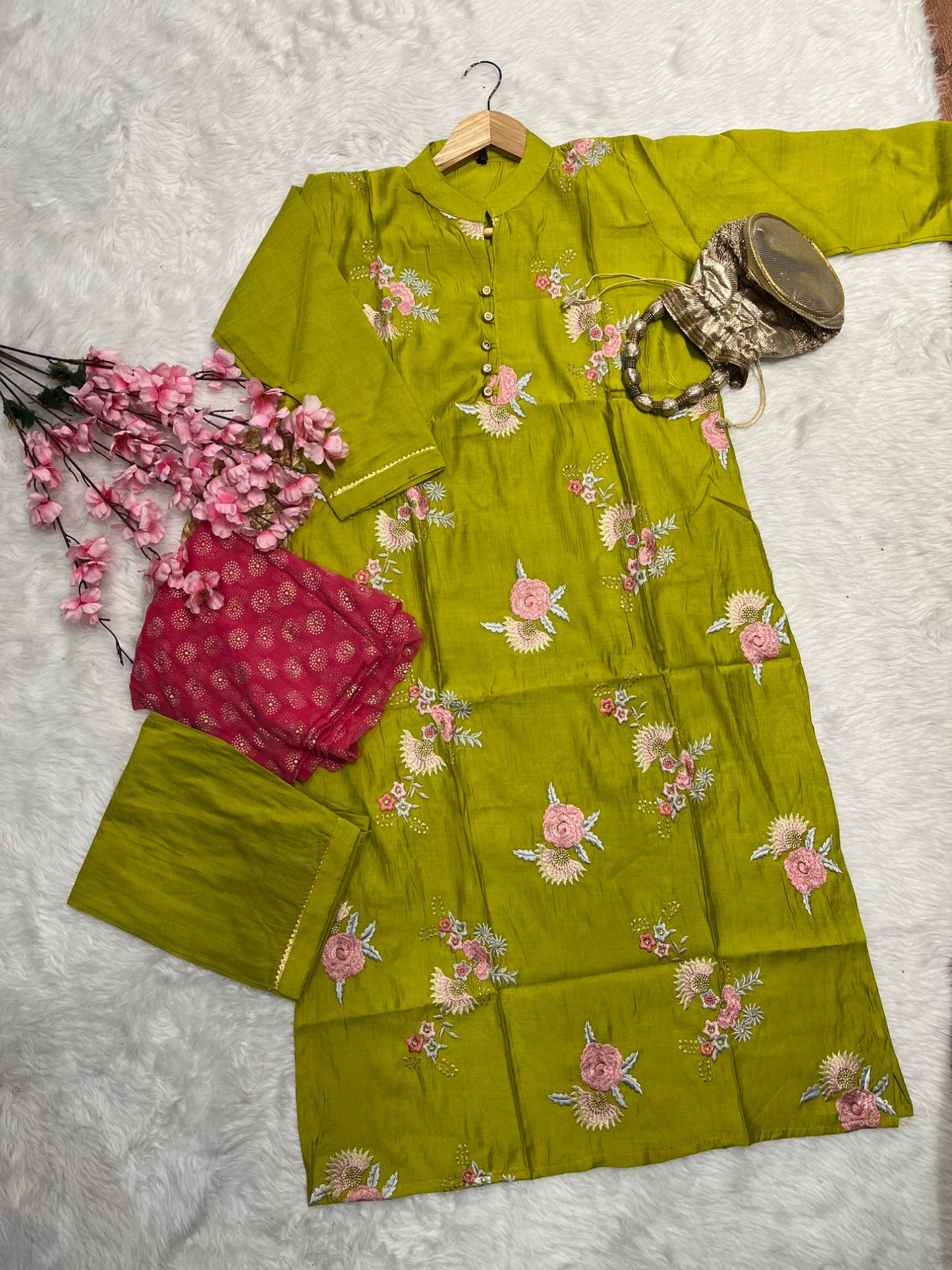 Chanderi kurta pant dupatta set