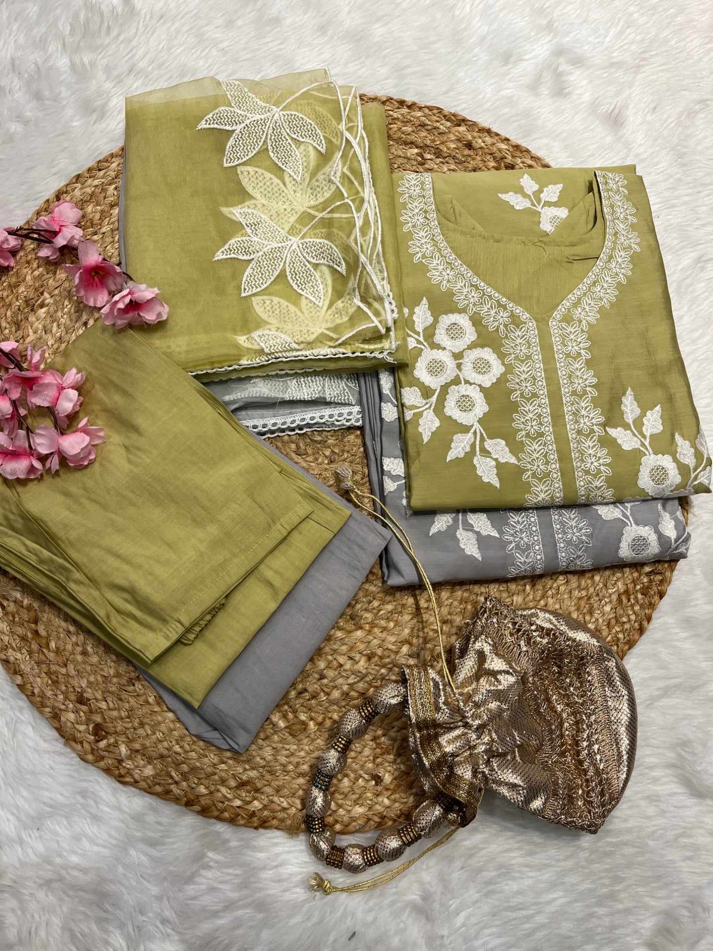 Chanderi kurta pant dupatta set
