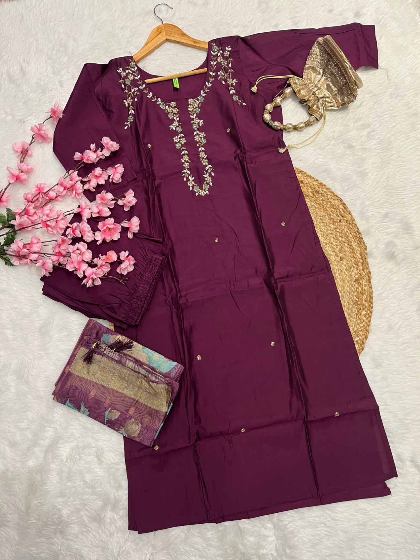 Chanderi kurta pant dupatta set