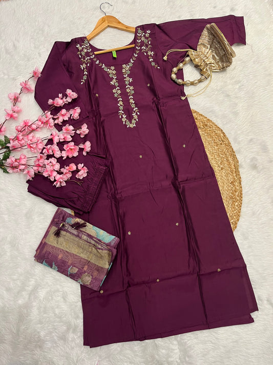Chanderi kurta pant dupatta set