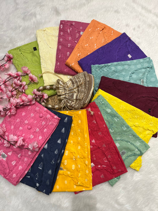 Gul Applique Chikankari Handwork Dobby cotton long straight kurtis--