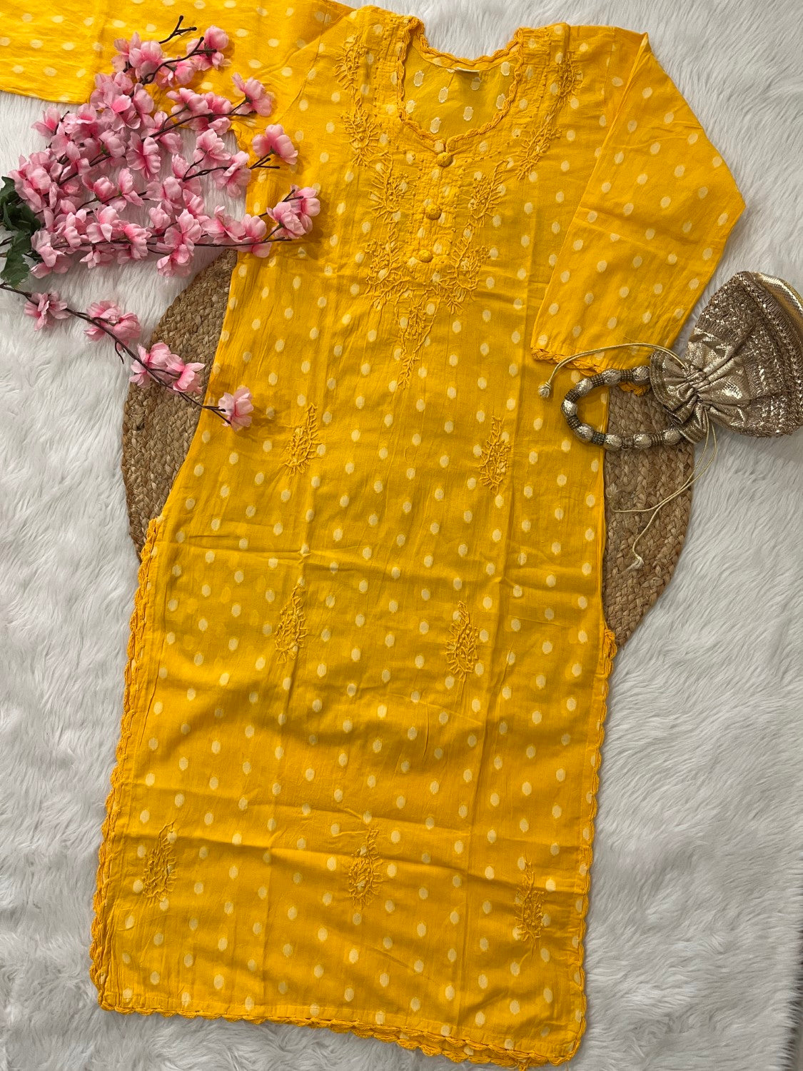 Gul Applique Chikankari Handwork Dobby cotton long straight kurtis--