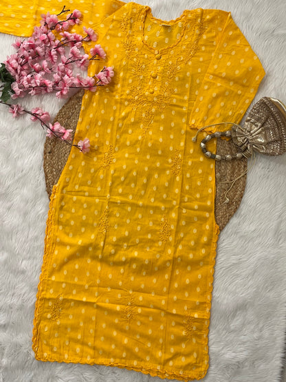 Gul Applique Chikankari Handwork Dobby cotton long straight kurtis--