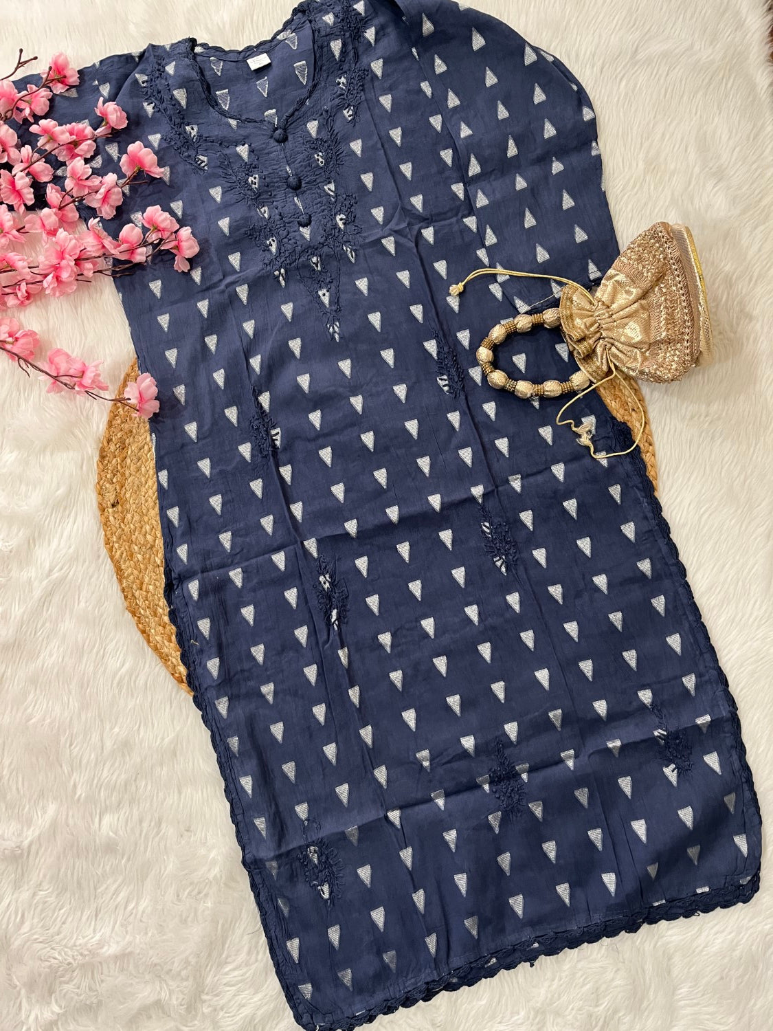 Gul Applique Chikankari Handwork Dobby cotton long straight kurtis--