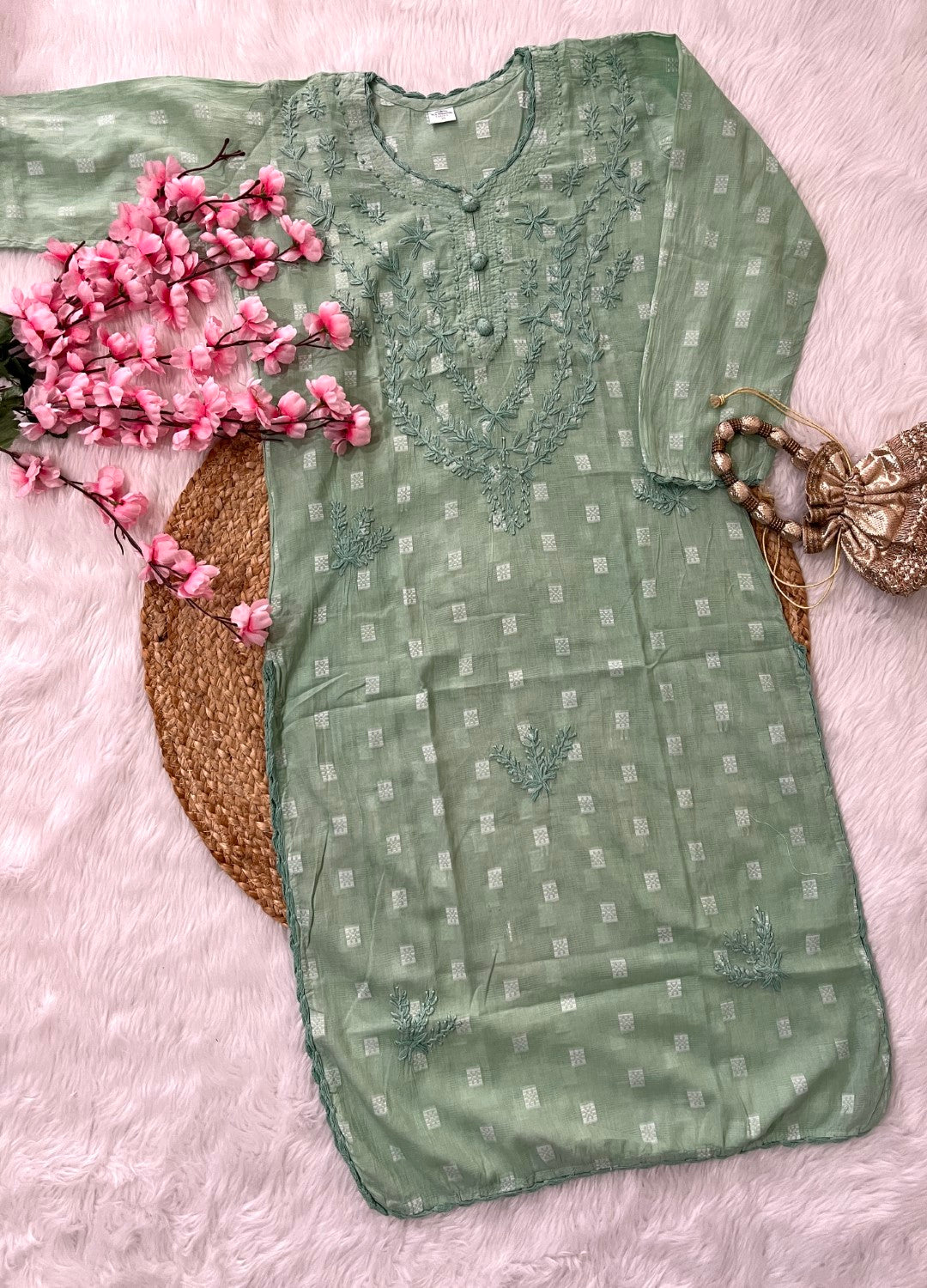 Gul Applique Chikankari Handwork Dobby cotton long straight kurtis--