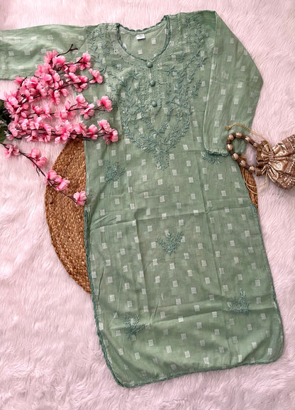 Gul Applique Chikankari Handwork Dobby cotton long straight kurtis--