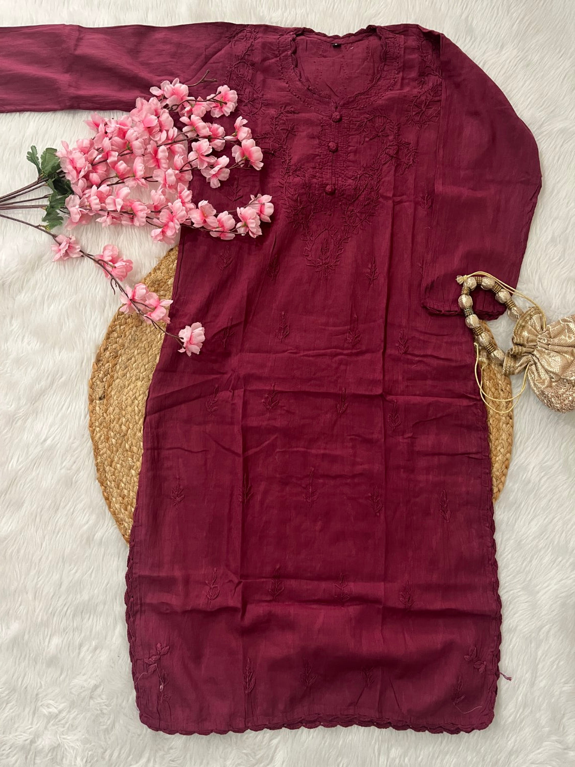 Gul Applique Chikankari Handwork Dobby cotton long straight kurtis--