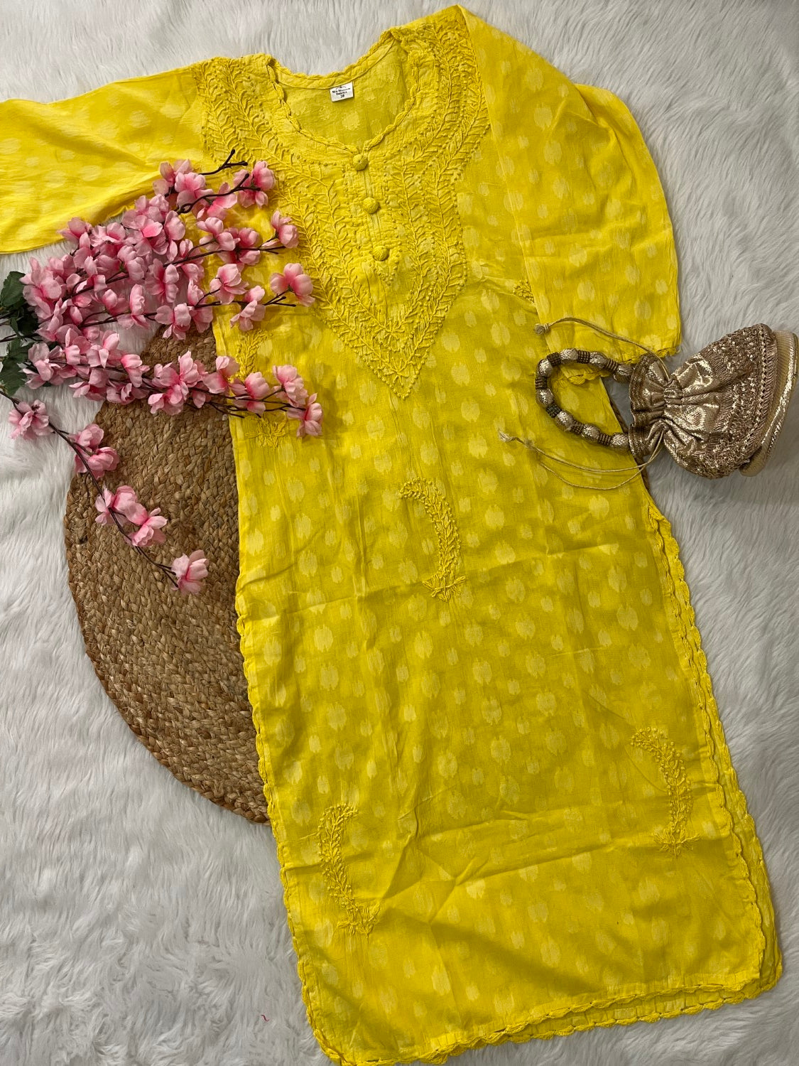 Gul Applique Chikankari Handwork Dobby cotton long straight kurtis--