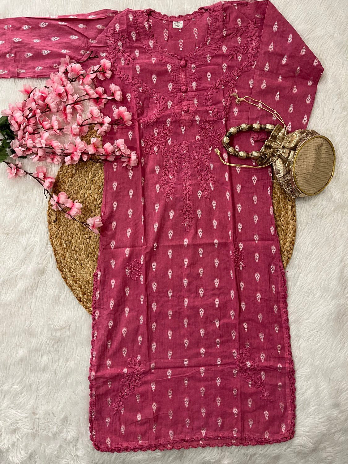 Gul Applique Chikankari Handwork Dobby cotton long straight kurtis--
