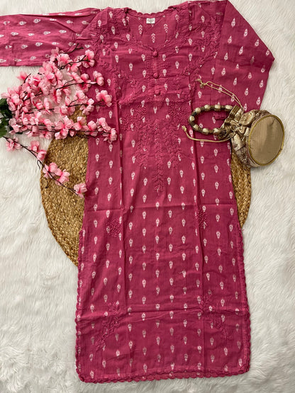 Gul Applique Chikankari Handwork Dobby cotton long straight kurtis--