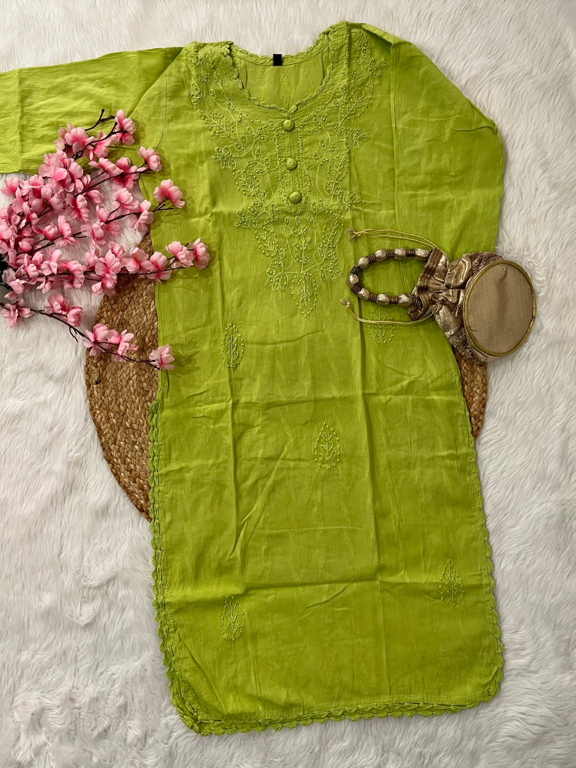 Gul Applique Chikankari Handwork Dobby cotton long straight kurtis--