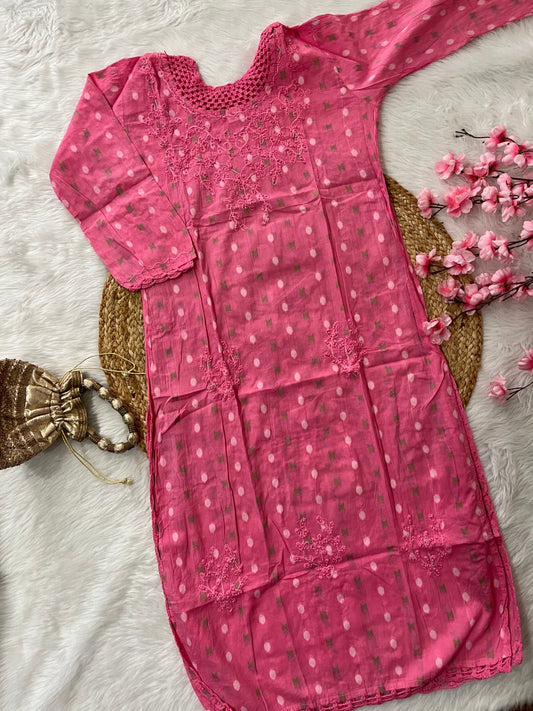 Roohani Applique Chikankari Handwork Neck Qureshia cotton long straight kurtis--