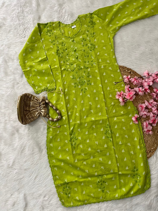 Kainaat Applique Chikankari Handwork Applique cotton long straight kurtis