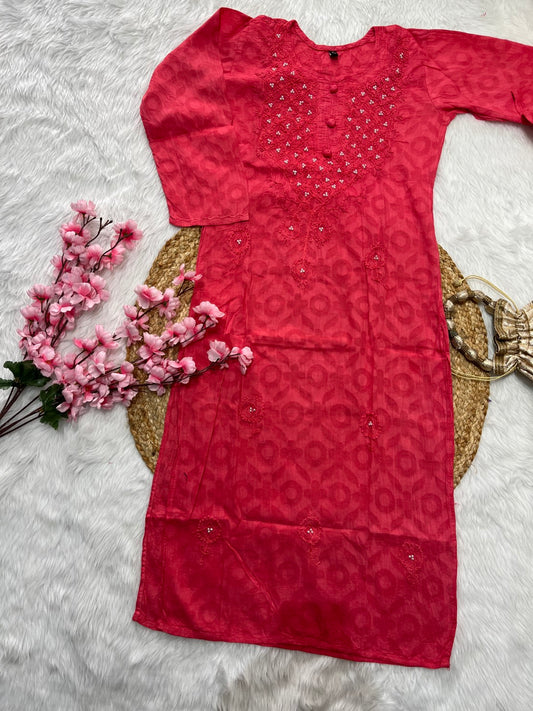 Rooh Applique Chikankari Handwork 3 pearl jacquard cotton long straight kurtis--