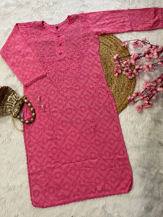 Rahat Applique Chikankari Handwork 4 cross pearl jacquard cotton long straight kurtis