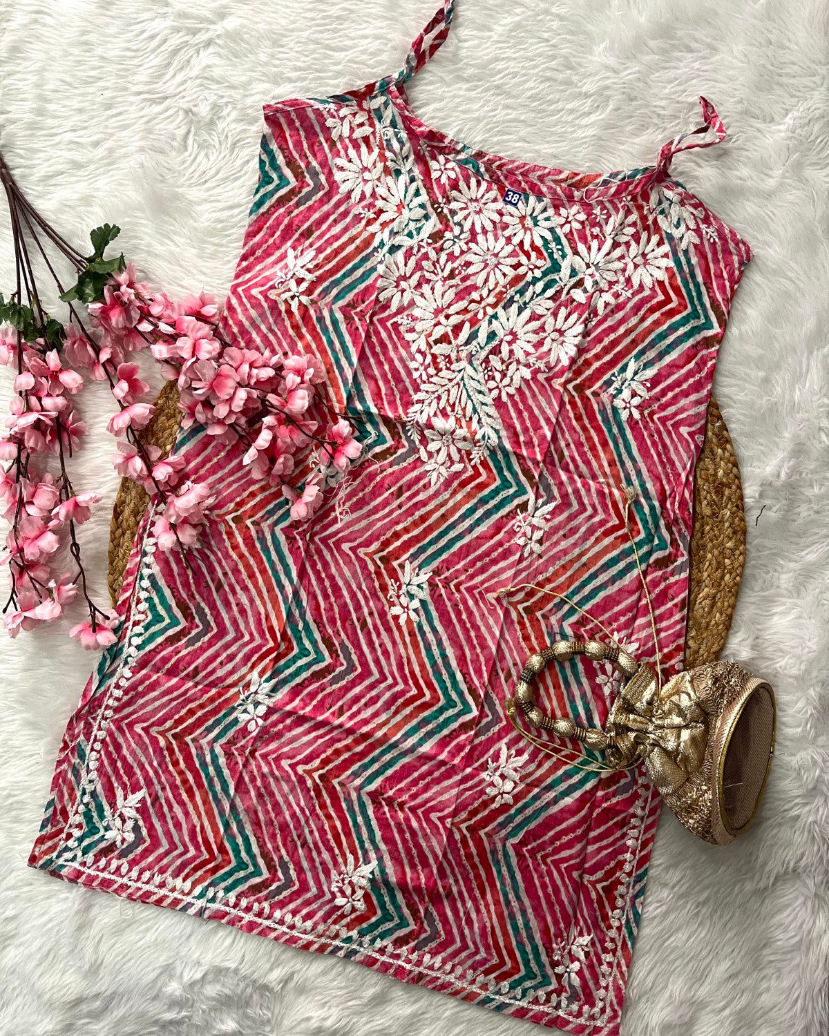 Aafa MulMul Cotton Noodle Strap Lehriya Design