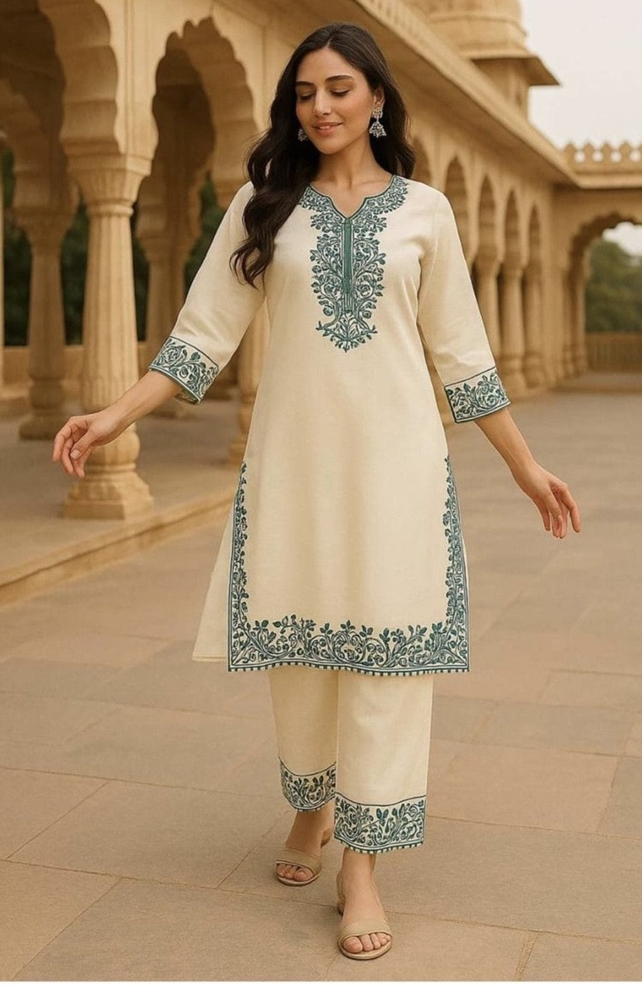 Chanderi aari work kurta set --